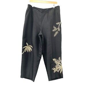 Vtg 90s Silkland Silk Cropped Embroidered Beaded Pants 14 Black Tropical Resort